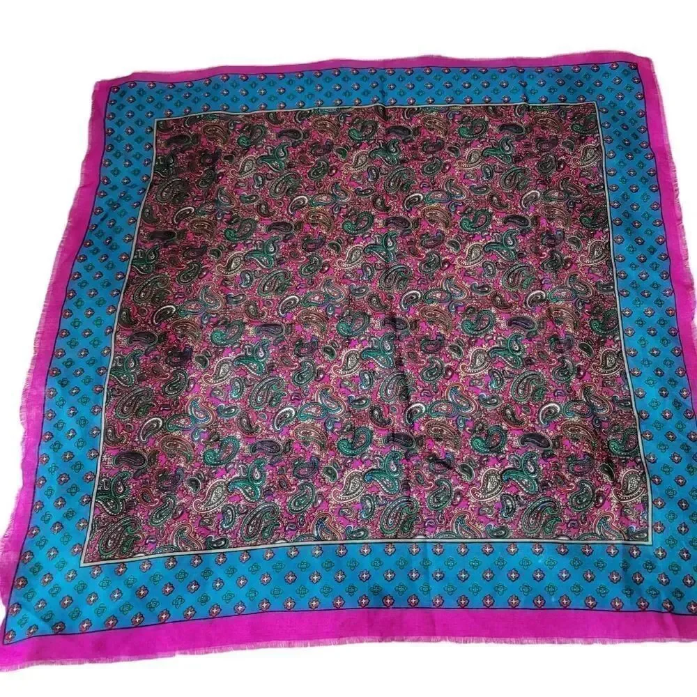 NEW Vintage 70's Glentex Paisley Raw Hem Scarf in Fuschia Pink and Blue 31x31